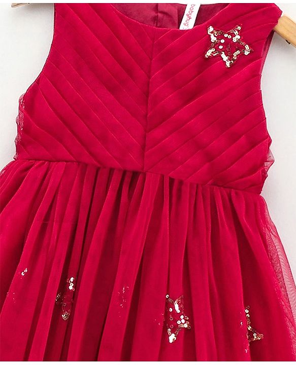 Babyhug Sleeveless Sequined Star and Flower Applique Party Wear Frock - Cherry Red
