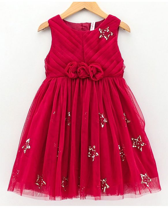 Babyhug Sleeveless Sequined Star and Flower Applique Party Wear Frock - Cherry Red
