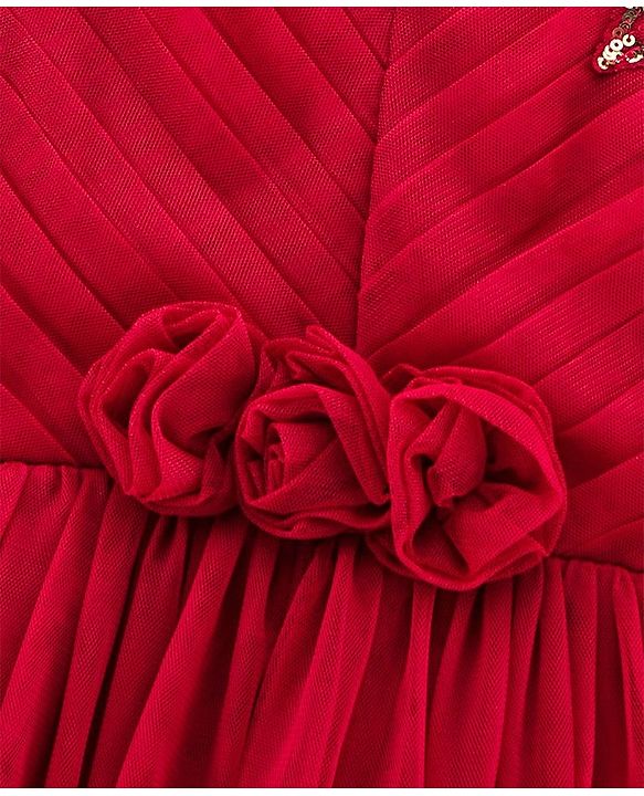 Babyhug Sleeveless Sequined Star and Flower Applique Party Wear Frock - Cherry Red