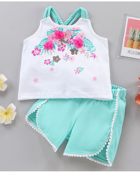 Babyhug Singlet Neck Top & Shorts Set Floral Print & Bow Applique - White Green