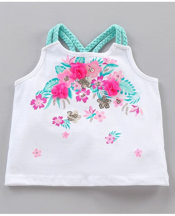 Babyhug Singlet Neck Top & Shorts Set Floral Print & Bow Applique - White Green