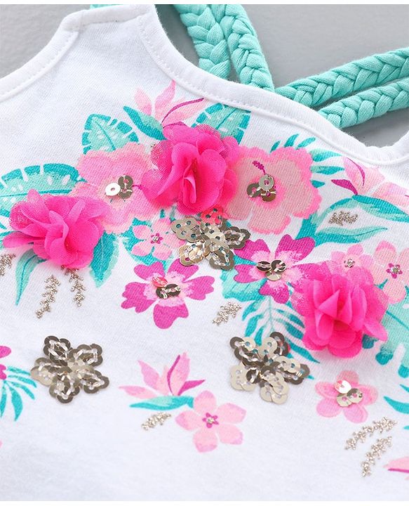 Babyhug Singlet Neck Top & Shorts Set Floral Print & Bow Applique - White Green