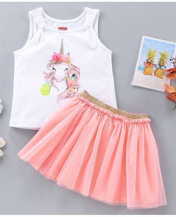 Babyhug Sleeveless Top & Skirt Flitter Unicorn Print & Floral & Sequin Applique - White Pink