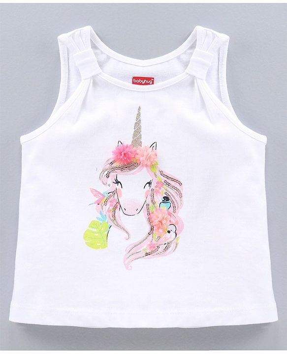 Babyhug Sleeveless Top & Skirt Flitter Unicorn Print & Floral & Sequin Applique - White Pink
