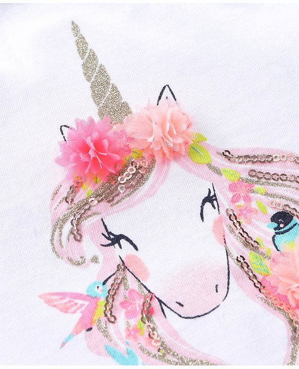 Babyhug Sleeveless Top & Skirt Flitter Unicorn Print & Floral & Sequin Applique - White Pink