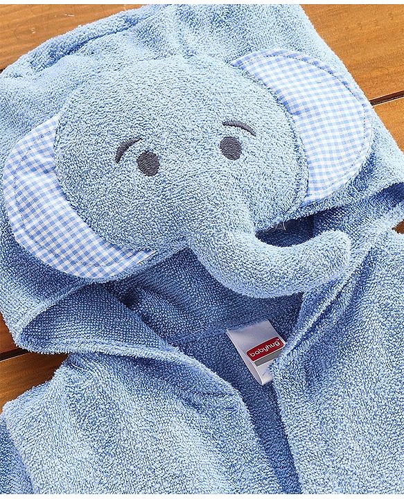 Babyhug Three Fourth Sleeves Elephant Woven Terry Bath Robe - Blue