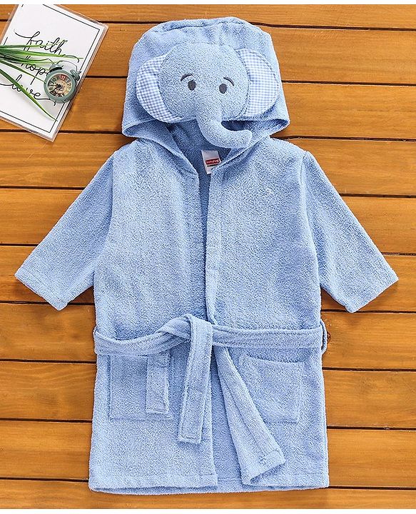 Babyhug Three Fourth Sleeves Elephant Woven Terry Bath Robe - Blue