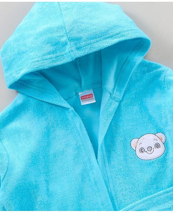 Babyhug Three Fourth Sleeves Hooded Bath Robe Bear Face Embroidery - Blue