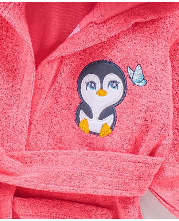 Babyhug Three Fourth Sleeves Hooded Bath Robe Penguin Embroidery - Pink