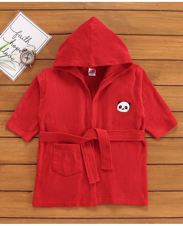 Babyhug 3/4th Sleeve Bathrobe With Hood And Embroidery - Red
