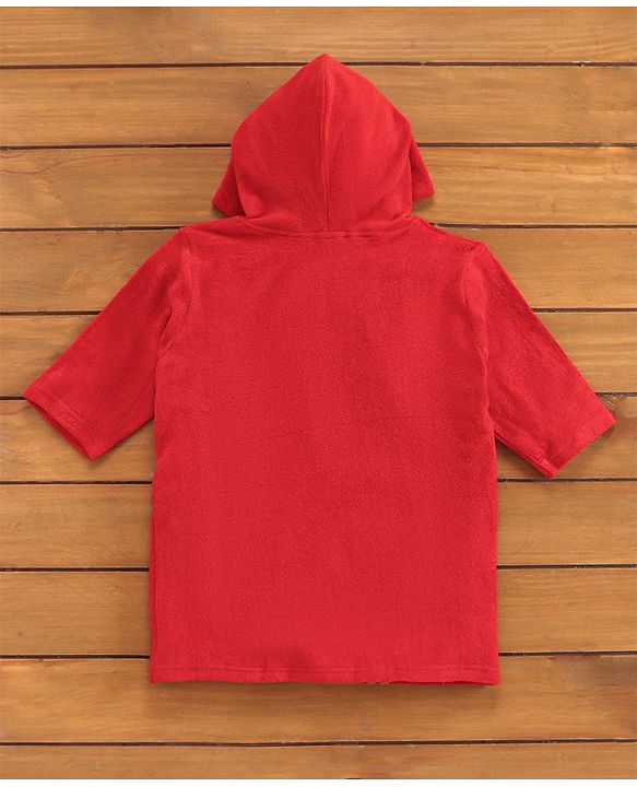 Babyhug 3/4th Sleeve Bathrobe With Hood And Embroidery - Red