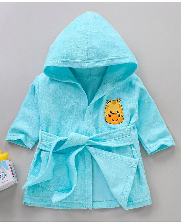 Babyhug Three Fourth Sleeves Hooded Bath Robe Rhino Embroidery - Blue