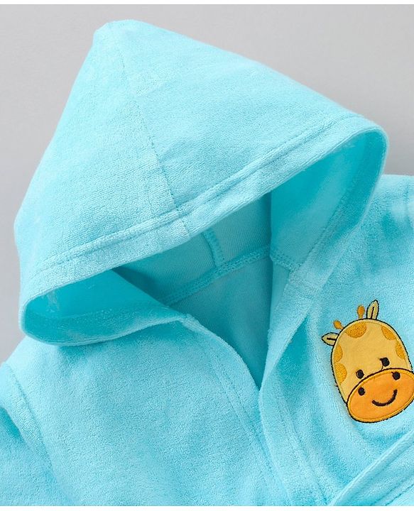 Babyhug Three Fourth Sleeves Hooded Bath Robe Rhino Embroidery - Blue