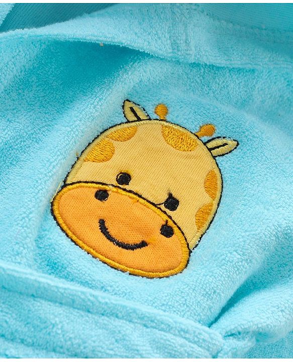 Babyhug Three Fourth Sleeves Hooded Bath Robe Rhino Embroidery - Blue