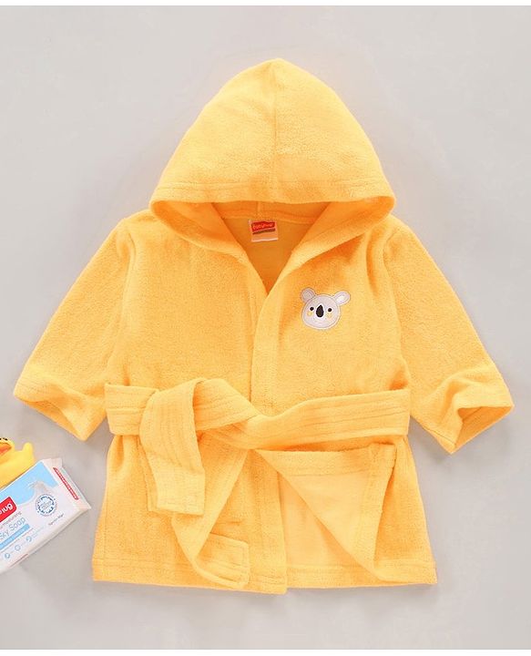 Babyhug Three Fourth Sleeves Hooded Bath Robe Koala Face Embroidery - Yellow
