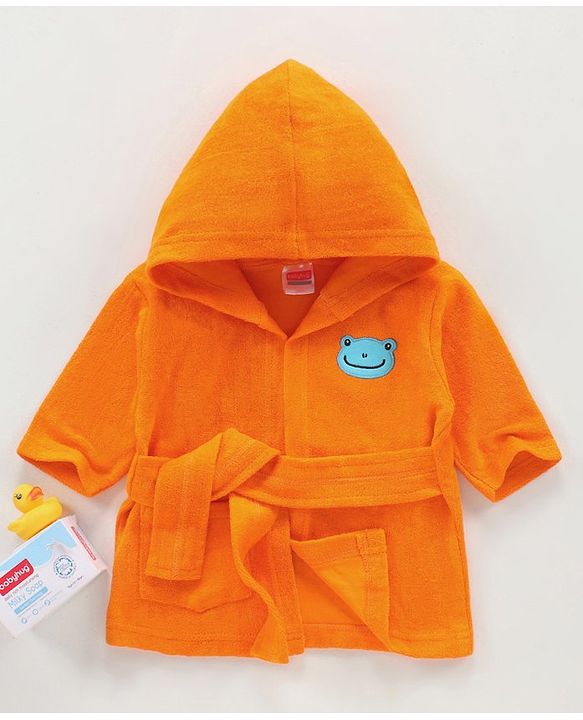 Babyhug Three Fourth Sleeves Hooded Bath Robe Frog Face Embroidery - Orange