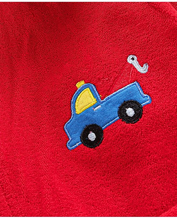 Babyhug Three Fourth Sleeve Bathrobe With Hood And Embroidery - Red