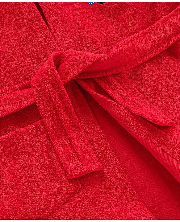 Babyhug Three Fourth Sleeve Bathrobe With Hood And Embroidery - Red