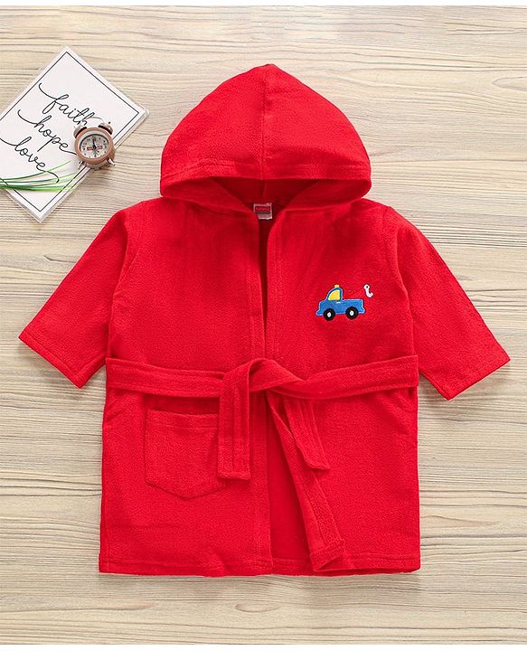 Babyhug Three Fourth Sleeve Bathrobe With Hood And Embroidery - Red
