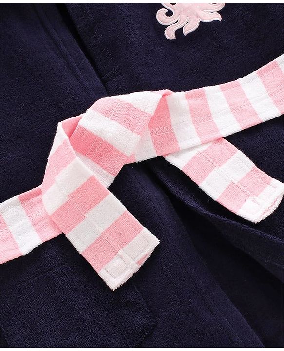 Babyhug Three Fourth Sleeve Bathrobe With Hood And Embroidery - Blue