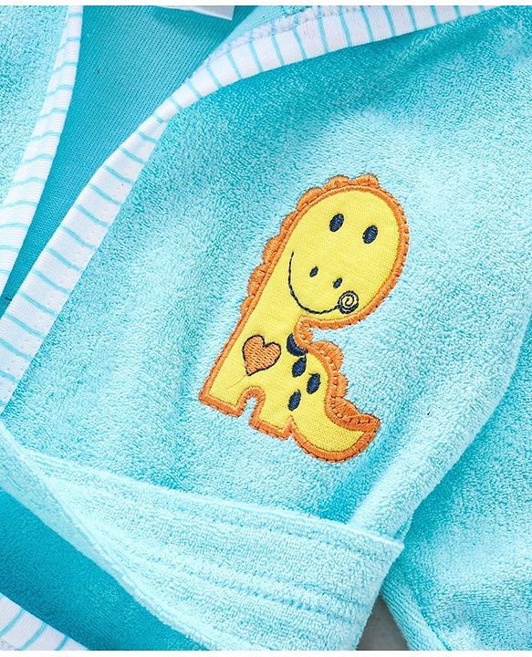 Babyhug Three Fourth Sleeves Hooded Bath Robe Dragon Embroidery - Blue