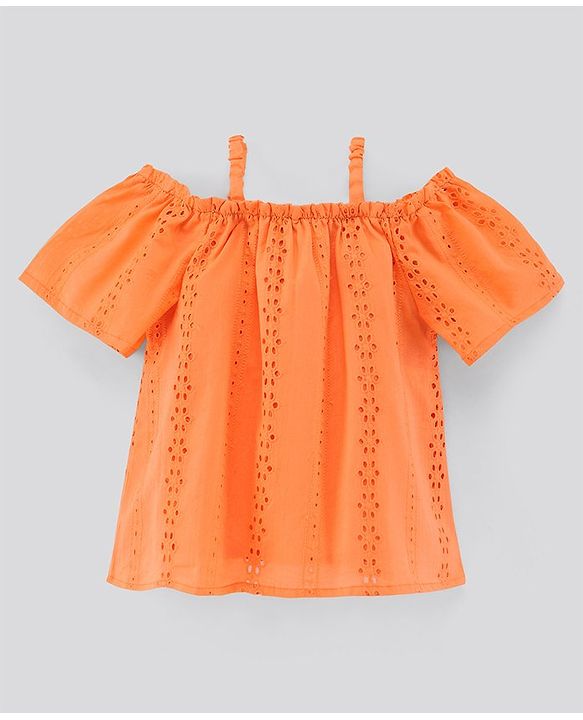 Pine Kids Cotton Woven Half Sleeves Top Schiffili Pattern - Orange