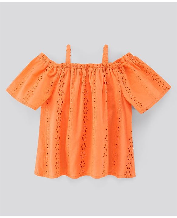 Pine Kids Cotton Woven Half Sleeves Top Schiffili Pattern - Orange