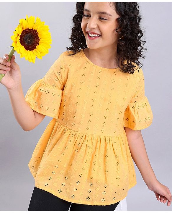 Pine Kids Three Fourth Sleeves Schiffli Embroidered Top - Orange