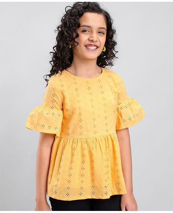 Pine Kids Three Fourth Sleeves Schiffli Embroidered Top - Orange