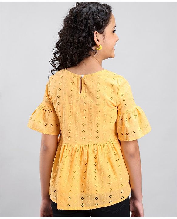 Pine Kids Three Fourth Sleeves Schiffli Embroidered Top - Orange