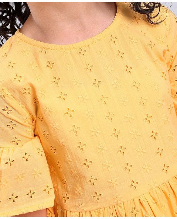 Pine Kids Three Fourth Sleeves Schiffli Embroidered Top - Orange