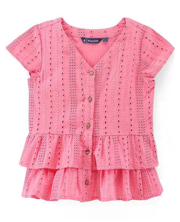 Pine Kids Half Sleeves Schiffli Embroidered Top - Pink