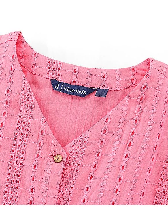 Pine Kids Half Sleeves Schiffli Embroidered Top - Pink