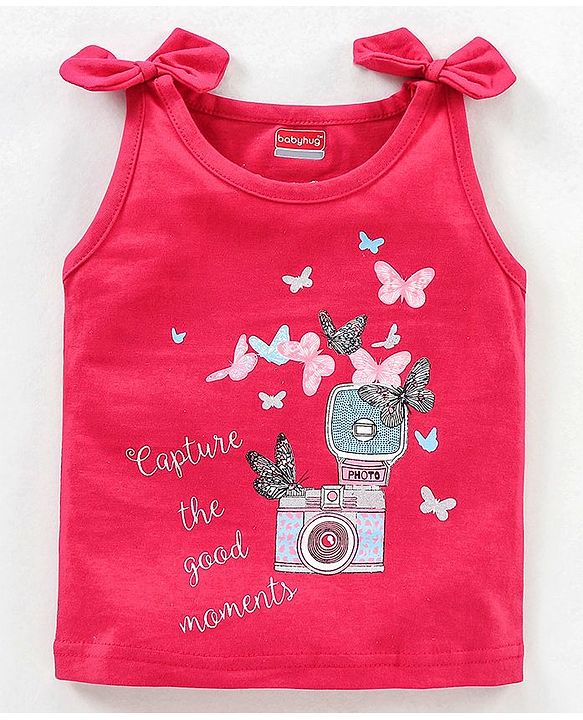 Babyhug Sleeveless Top with Graphics & Bow Detailing - Fuchsia Pink