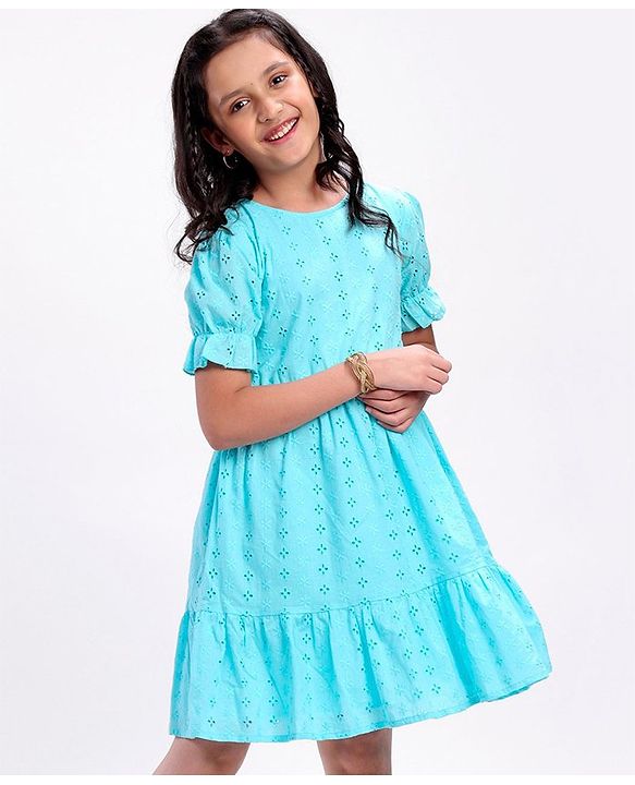 Pine Kids Half Sleeve Schiffli Frock Inner Cotton Lining - Blue
