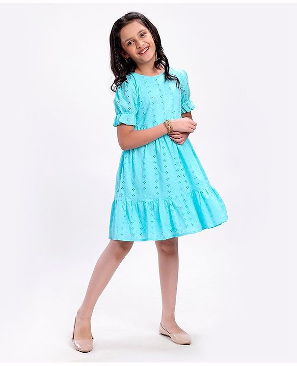 Pine Kids Half Sleeve Schiffli Frock Inner Cotton Lining - Blue