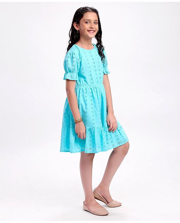 Pine Kids Half Sleeve Schiffli Frock Inner Cotton Lining - Blue
