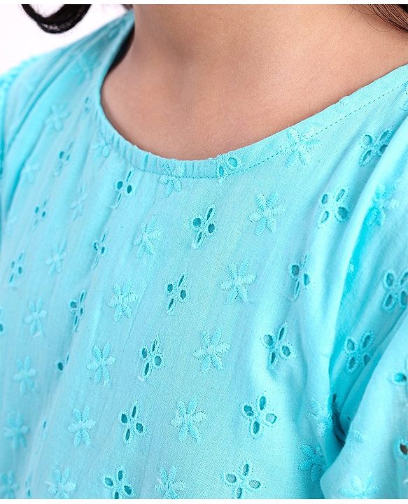 Pine Kids Half Sleeve Schiffli Frock Inner Cotton Lining - Blue