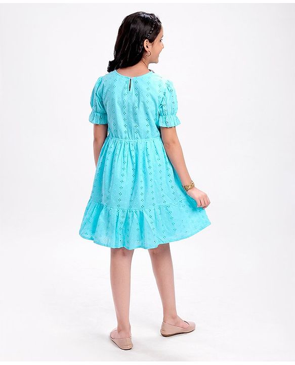 Pine Kids Half Sleeve Schiffli Frock Inner Cotton Lining - Blue