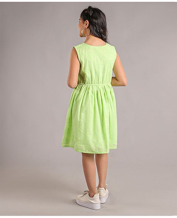 Pine Kids Cotton Sleeveless Solid Knee Length Frock - Green