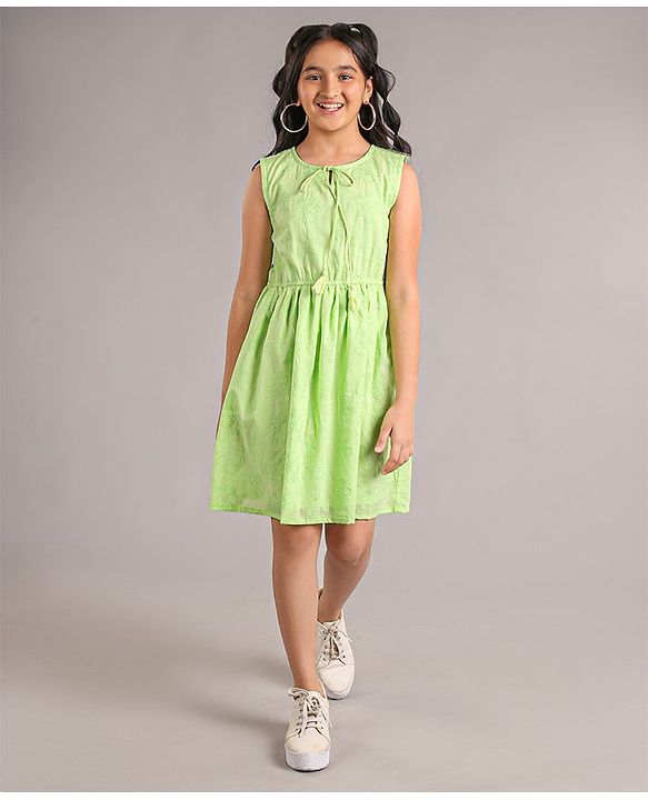 Pine Kids Cotton Sleeveless Solid Knee Length Frock - Green