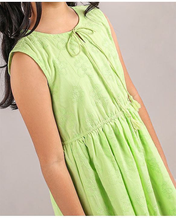 Pine Kids Cotton Sleeveless Solid Knee Length Frock - Green