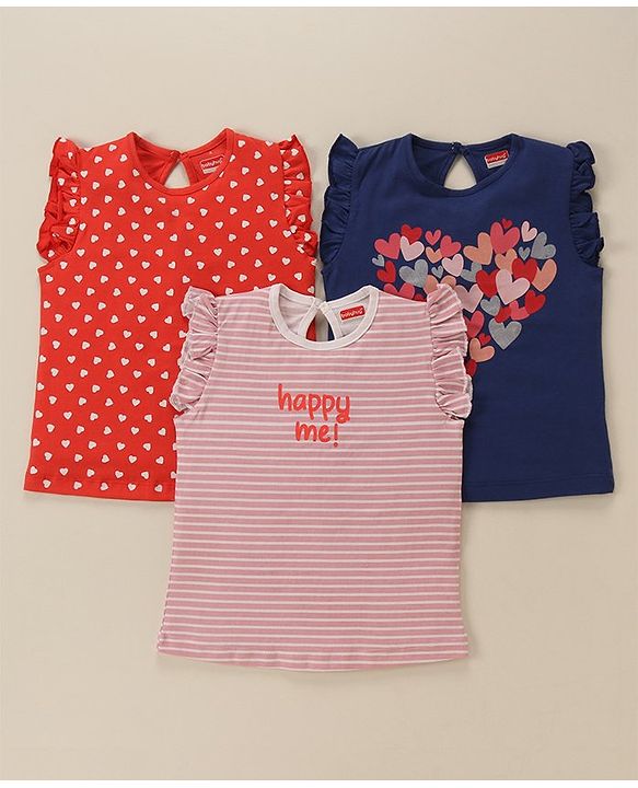 Babyhug Cap Frill Sleeves T-Shirts With Heart Graphics Pack of 3 - Navy Pink