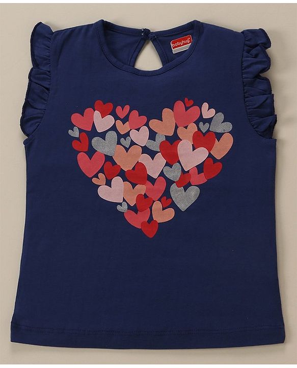 Babyhug Cap Frill Sleeves T-Shirts With Heart Graphics Pack of 3 - Navy Pink