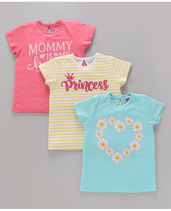 Babyhug Cotton Knit Half Sleeves Tops Text and Floral Pack Of 3 - Multicolor