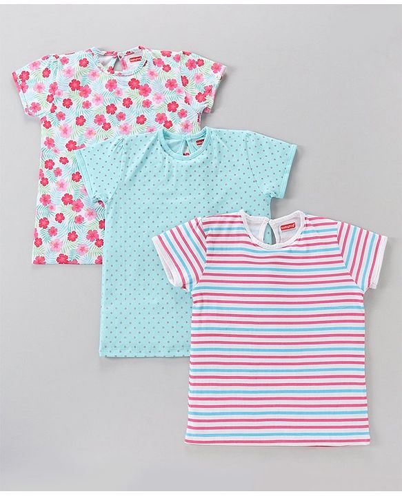 Babyhug Cotton Short Sleeves Floral Print Tees Pack of 3 - Blue