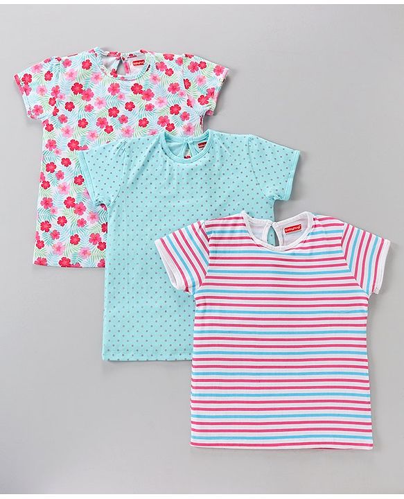 Babyhug Cotton Short Sleeves Floral Print Tees Pack of 3 - Blue