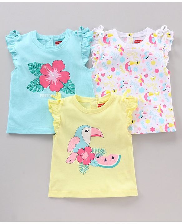 Babyhug Frill Sleeves Cotton Bird and Floral Graphics Tops Pack of 3 - Multicolour