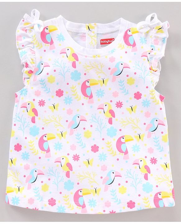 Babyhug Frill Sleeves Cotton Bird and Floral Graphics Tops Pack of 3 - Multicolour