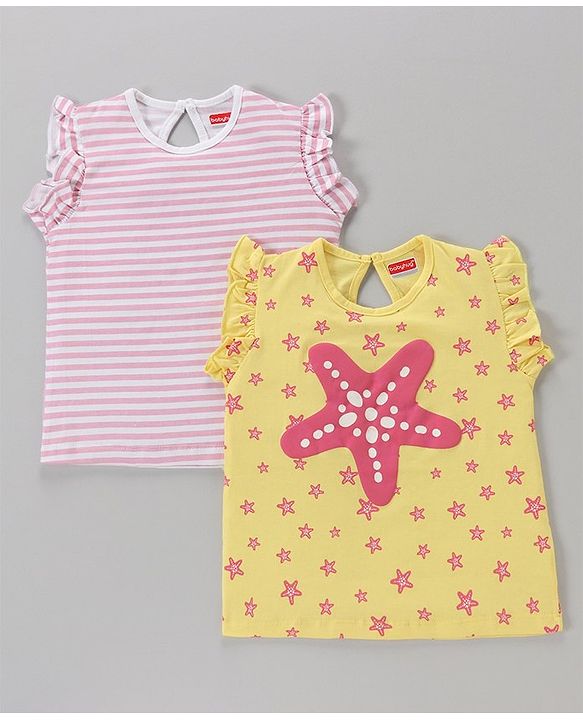 Babyhug Short Sleeves Cotton Striped and Star Graphics Top Pack of 2 - Yellow Peach